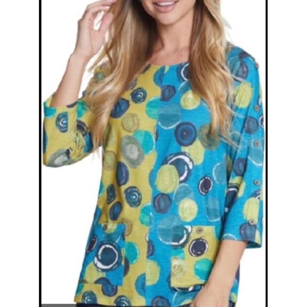 Multiples Women 1X Tunic Top Blue Yellow Abstract Dot 3/4 Button Sleeve Pockets